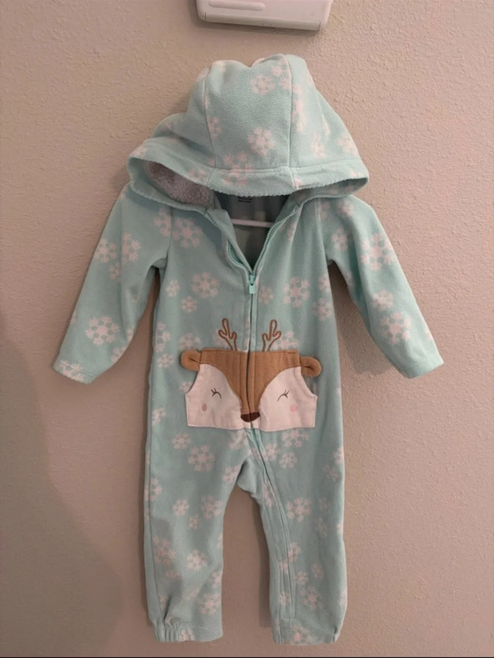 Carter's Mint Snowflake Hooded One-Piece with Reindeer Pocket